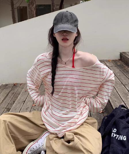원본 컬러 짜임 기사 65 면 한 부서 빨간색과 흰색 스트라이프 블라우스 티셔츠 느긋한 바람 루즈핏 u 칼라 긴팔 맨위