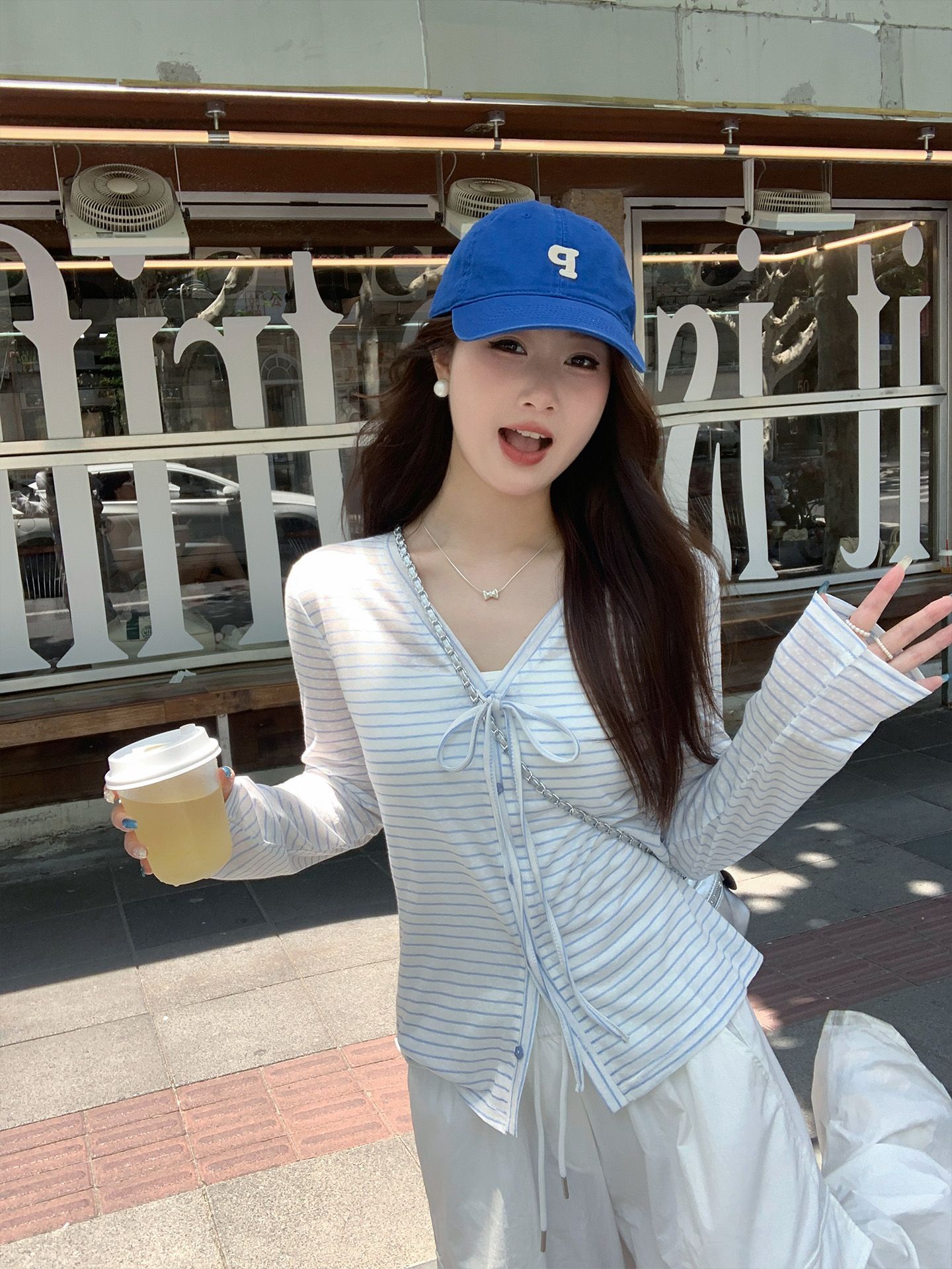 원본 컬러 짜임 기사 스트라이프 V넥 스트랩 오픈 가디건 자외선 차단 여성 코트 한 부서 느긋한 루즈핏 얇은 스타일 외부 잡아라. 의류
