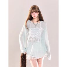 批发原版面料 蝴蝶印花短袖<b class='q'>T</b>袖女夏辣妹休闲连帽宽松<b class='q'>长袖</b>防晒罩衫上衣