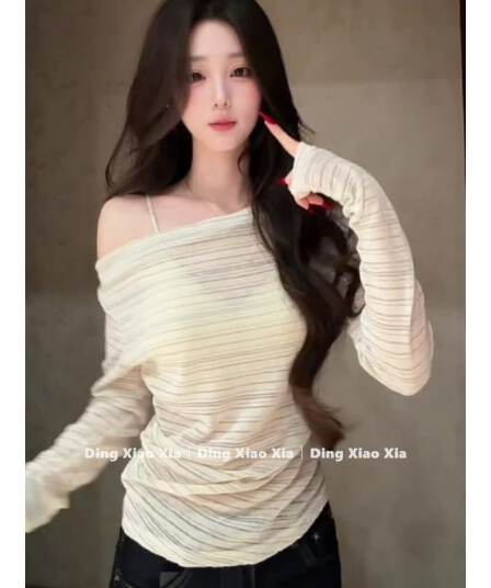 원본 원단 여름 새로운 한 부서 비스듬한 어깨 스트라이프 긴팔 티셔츠 여성 느긋한 바람 루즈핏 다용도 맨위