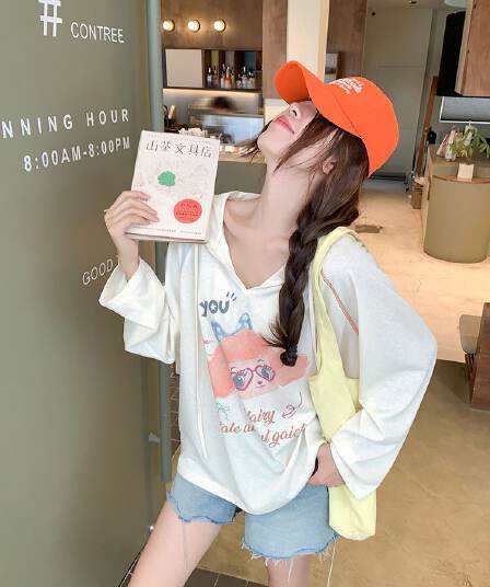 원본 원단 한 부서 착용 가져 가라. 후드 얇은 스타일 자외선 차단 긴팔 블라우스 여성 루즈핏 느긋한 에어컨 셔츠 티셔츠 맨위