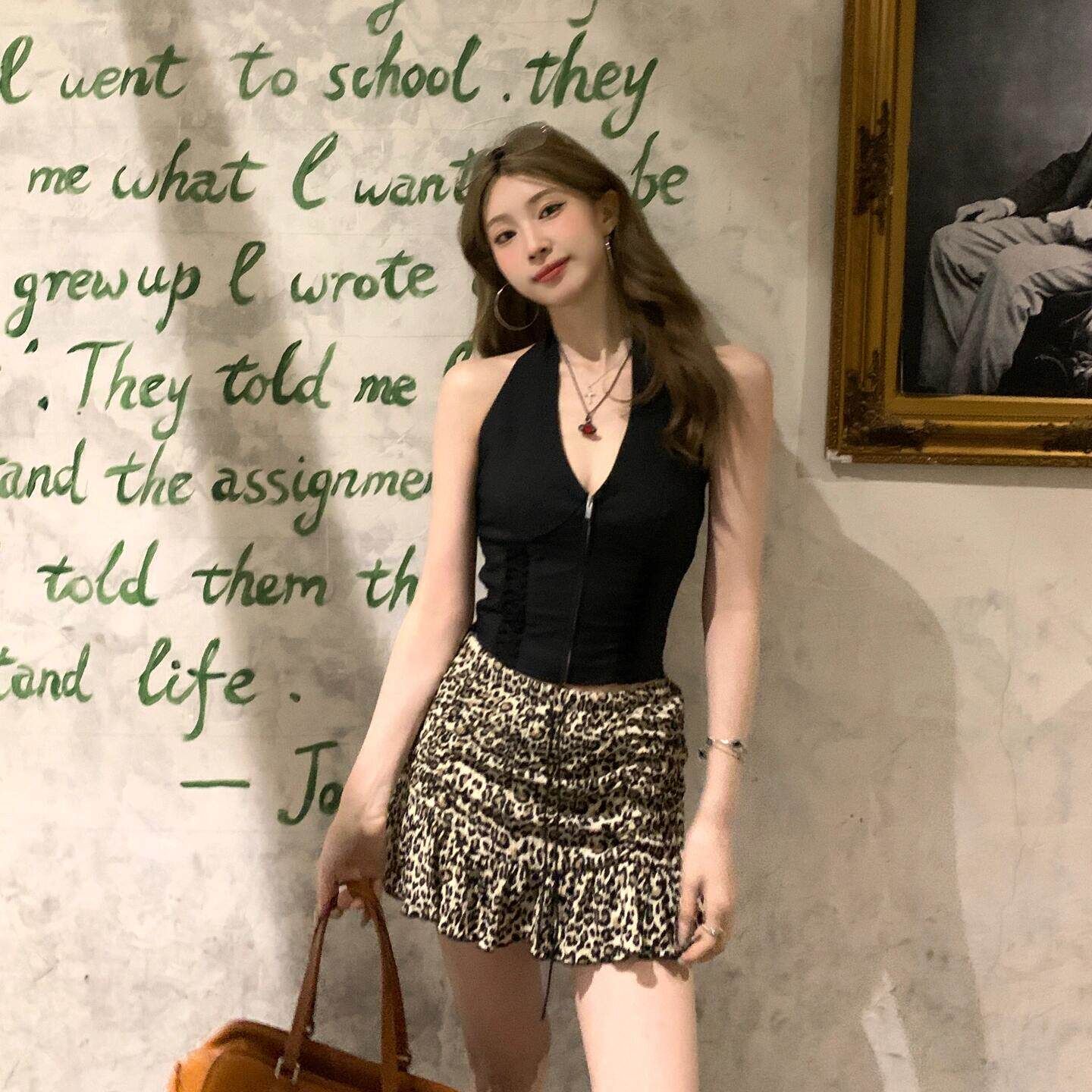 원본 레오파드 무늬 원단 아메리칸 핫걸 레트로 레오파드 무늬 프릴 반신 스커트 봄 Chic A라인 스커트 미니 스커트