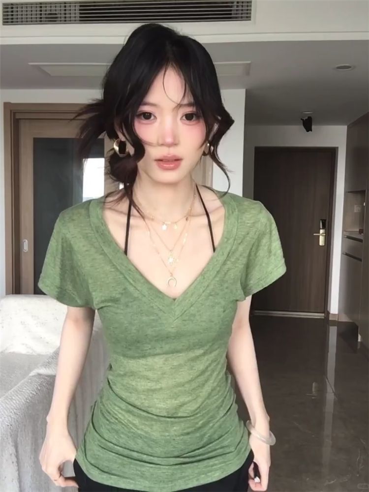 주간 실크 리브 한 부서 레트로 이끼색 배트윙 소매 티셔츠 느긋한 느슨함 센스 V넥 허리 수축 반팔 맨위 여성