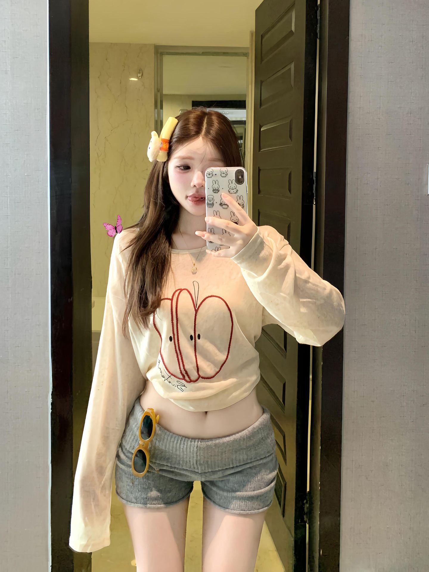 원본 원단 아메리칸 레트로 블라우스 애플 자수 긴팔 티셔츠 여성 루즈핏 자외선 차단 느긋한 바람 맨위