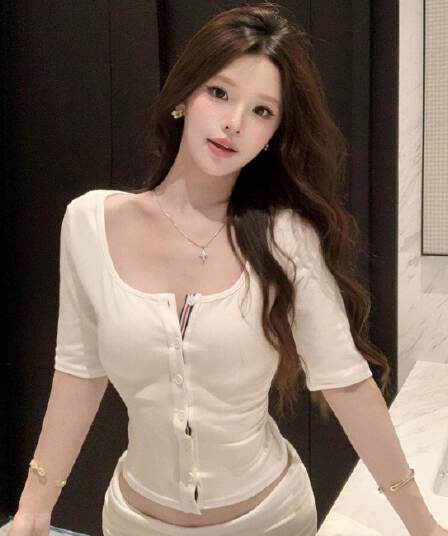 사람들 면 2 2 화이트 u 칼라 긍정적 인 어깨 중간 소매 티셔츠 여성 여름 몸매 가꾸기 배색 디자인 센스 오픈 가디건 쇼트 스타일 맨위