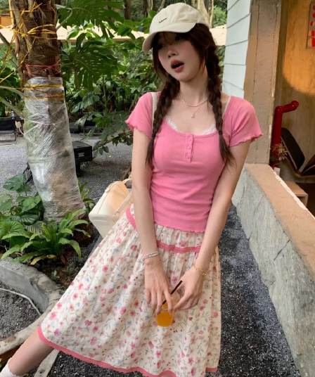 원본 것 원본 원단 주간 고양이 흔들어서 톤 품질 프릴 여성 티셔츠 한 부서 패치워크 꽃무늬 반신 스커트