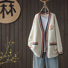 批发冬季新款小熊提花<b class='q'>针织</b><b class='q'>开衫</b>女文艺V领宽松<b class='q'>大码</b>慵懒风显瘦毛衣外套
