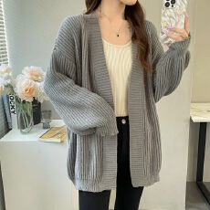 批发原版韩国chic宽松休闲慵懒百搭中<b class='q'>长款</b>毛衣开衫女保暖外套