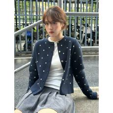 批发韩系波点藏青色毛衣外套女秋冬2026<b class='q'>新款</b>宽松高级感慵懒风针织开衫