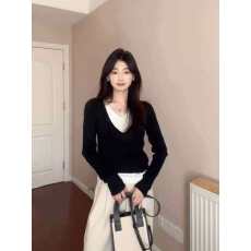 批发拼接针织衫女秋冬<b class='q'>新款</b>法式气质慵懒风v领毛衣打底衫宽松长袖上衣
