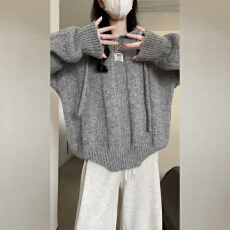 批发2025原版慵懒风灰色内搭连帽卫衣毛衣外套女秋冬季爆款针织衫宽松