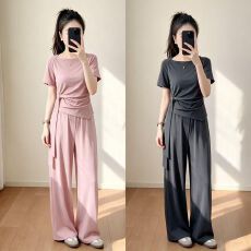 批发小个子定制<b class='q'>夏</b>季绑带收腰短袖上衣搭配阔腿休闲裤套装时尚