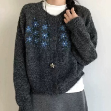 批发韩系手工绣花针织开衫秋冬2026新款长袖毛衣外套女高级感圆领上衣