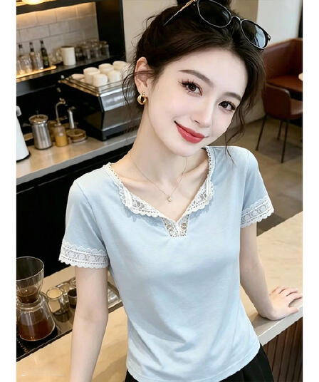 40s 모방 면 리브 한 부서 파란색 레이스 V넥 반팔 티셔츠 여성 여름 레이스 조각 레이스 티셔츠 다용도