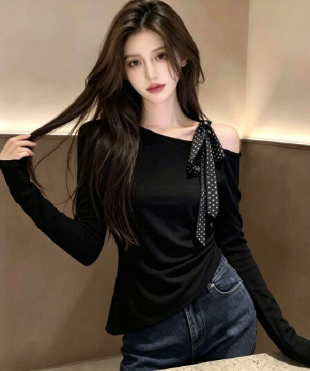 이른 봄 검정색 긴팔 순수한 욕망 바람 오프숄더 레이스업 허리 수축 슬림해 보이는 chic 다용도 티셔츠 디자인 센스 비스듬한 어깨 의류