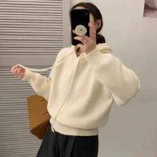 批发韩系抽绳卫衣毛衣女秋冬装加厚连帽针织打底衫慵懒风宽松短款上衣