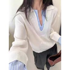 批发温柔风绝美撞色假两件针织衫女秋冬新款洋气高级感显瘦长袖上衣潮