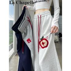 批发撞色苹果植绒绣运动风休闲裤直筒<b class='q'>女</b>秋季今年流行宽松阔腿梧桐卫裤