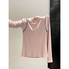 批发捡漏~正品特价撞色明线圆领长袖t恤女拼色袖口<b class='q'>打底衫</b>显瘦上衣
