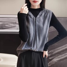 批发2026秋冬中国风连帽针织马甲女春<b class='q'>夏</b>坎肩宽松百搭毛衣背心叠穿无袖