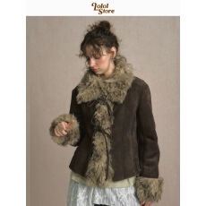 批发LOLOL「牧羊小诗」皮毛一体外套女<b class='q'>冬</b>小个子短款复古鹿皮绒厚夹克