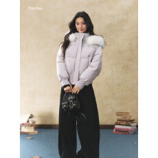 批发7Shiftin 原创设计紫色短款毛领连帽羽绒服冬季新款保暖收腰棉服