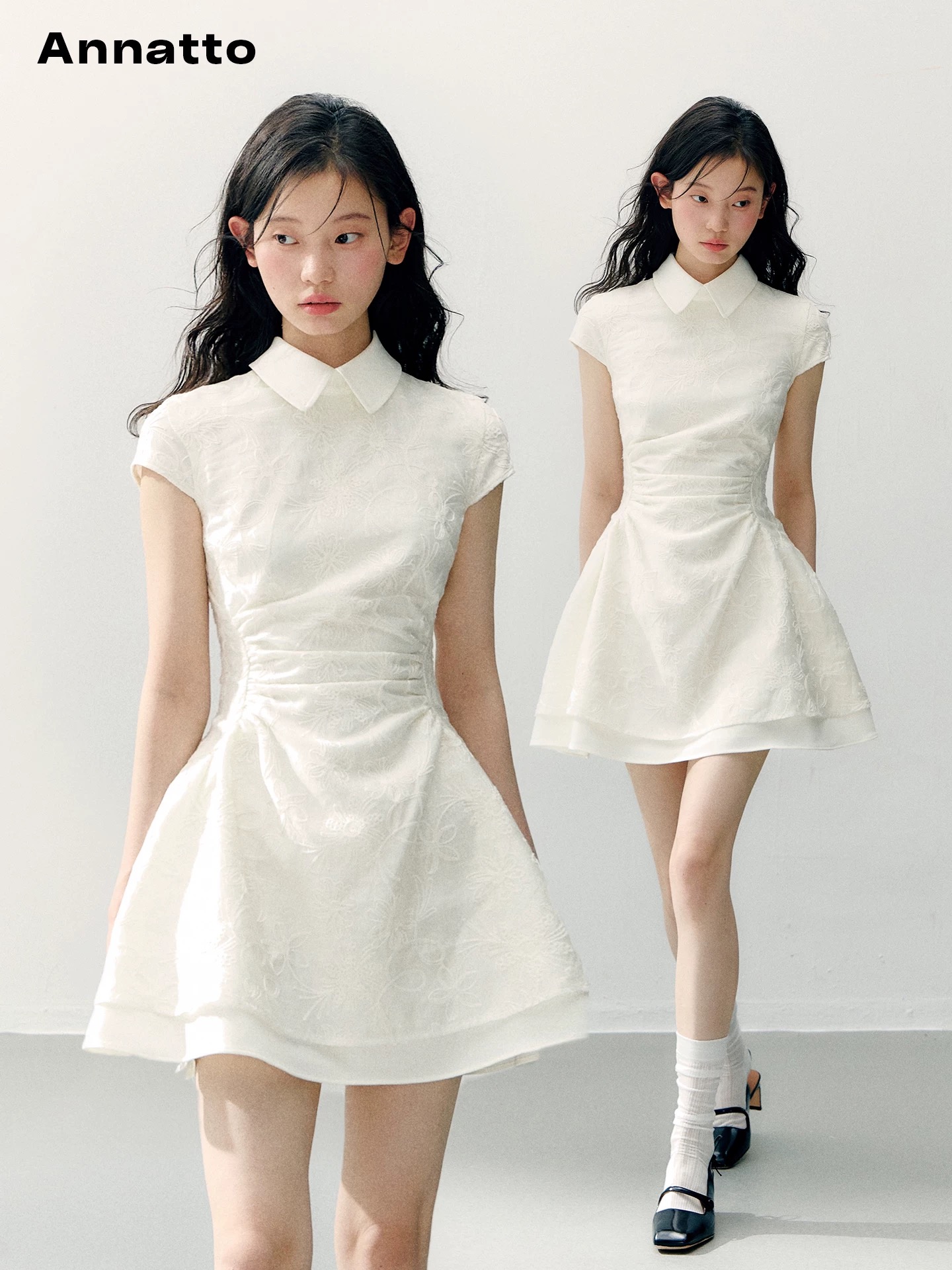 3 월 23 일 신제품 annatto 화이트 레이스 자수 폴로 칼라 드레스 몸매 가꾸기 허리 수축 한 마디 미니 스커트