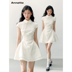 批发【3月23日新品】ANNATTO 白色蕾丝绣花翻领<b class='q'>连衣裙</b>修身收腰a<b class='q'>字</b>短裙