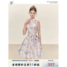 批发QDQD 千金风碎花连衣裙春夏复古优雅无袖收腰系带<b class='q'>显瘦</b>气质A字裙女