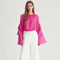 批发<b class='q'>不规则</b>荷叶边收腰衬衫女设计感小众泡泡袖显瘦长袖上衣