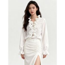 批发<b class='q'>不规则</b>荷叶边收腰衬衫女设计感小众泡泡袖显瘦长袖上衣