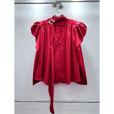 批发欧美宫廷风V领单排扣飘带泡泡袖长袖大红色<b class='q'>雪纺</b><b class='q'>衬衫</b>上衣女