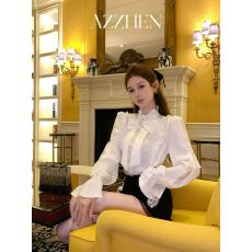 批发【甜心蔓蕾】高级感气质蕾丝荷叶领绑带可拆卸蝴蝶结衬衫女