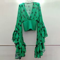 批发百搭时尚荷叶边喇叭袖衬衫波点上衣个性V领短款雪纺衬衫