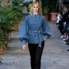 批发新款港味复古轻熟绑带收腰立领灯笼袖牛仔<b class='q'>衬衫</b>百搭显瘦上衣