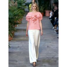 批发新款夏季重工花朵圆领短袖雪纺衫显瘦亮面拉链直筒套头衬衫