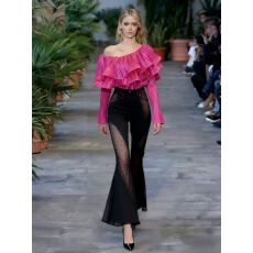 批发新款女装法式名媛<b class='q'>风</b>时尚亮面压褶荷叶边斜肩一字肩上衣女