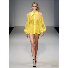 批发宫廷风小众爆款高级感网纱拼接灯笼袖衬衫女衬衣减龄镶钻排扣上衣