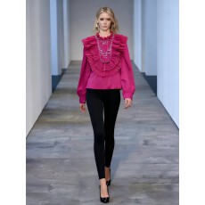 批发<b class='q'>欧美</b>轻奢名媛重工镂空荷叶花边圆领衬衫女减龄高级感绣珠亮片上衣