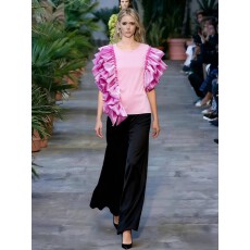 批发欧美复古气质圆领荷叶边宽松短袖衬衫女洋气<b class='q'>不规则</b>上衣潮