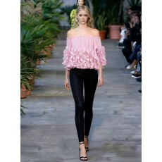 批发高级百褶手工花瓣拼接<b class='q'>雪纺衫</b>女装优雅露肩一字领短款上衣夏季新品