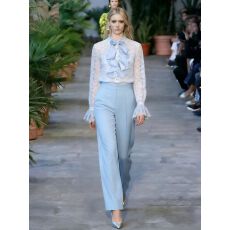 批发<b class='q'>欧美</b>宫廷风重工镶钻立领喇叭袖衬衫女名媛减龄蕾丝拼接荷叶边上衣