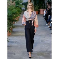 批发法式大码灯笼长袖条纹衬衫女新款撞色系带<b class='q'>收腰</b>短款上衣衬衣潮