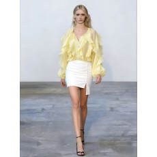 批发春夏季圆领<b class='q'>不规则</b>荷叶边扣衬衫女装单排设计边长袖<b class='q'>雪纺上衣</b>