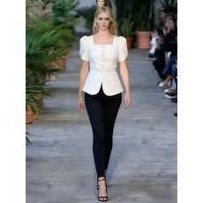 批发轻奢小香风镶钻扣方领泡泡袖外套女系带收腰气质亮片上衣