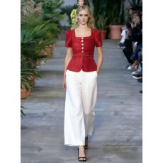 批发名媛小香风方领单排钻扣收腰荷叶边亮片粗花呢泡泡袖衬衫上衣女