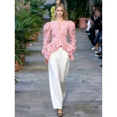 批发<b class='q'>欧美</b>风新款时尚气质褶皱系带收腰喇叭袖衬衫 Ruffled ruched top