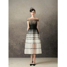 批发越南小众优雅立体装饰拼接<b class='q'>网纱</b>一字领<b class='q'>连衣裙</b>中长款法式腰带收腰裙