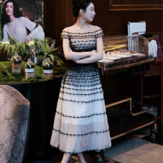 批发越南小众优雅立体装饰拼接网纱一字领<b class='q'>连衣裙</b>中长款法式腰带<b class='q'>收腰</b>裙