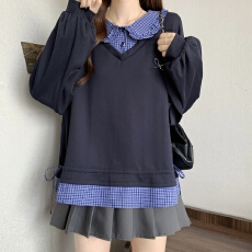 批发胖MM 学院假两件格纹拼色木耳边娃娃领长袖<b class='q'>卫衣</b>女